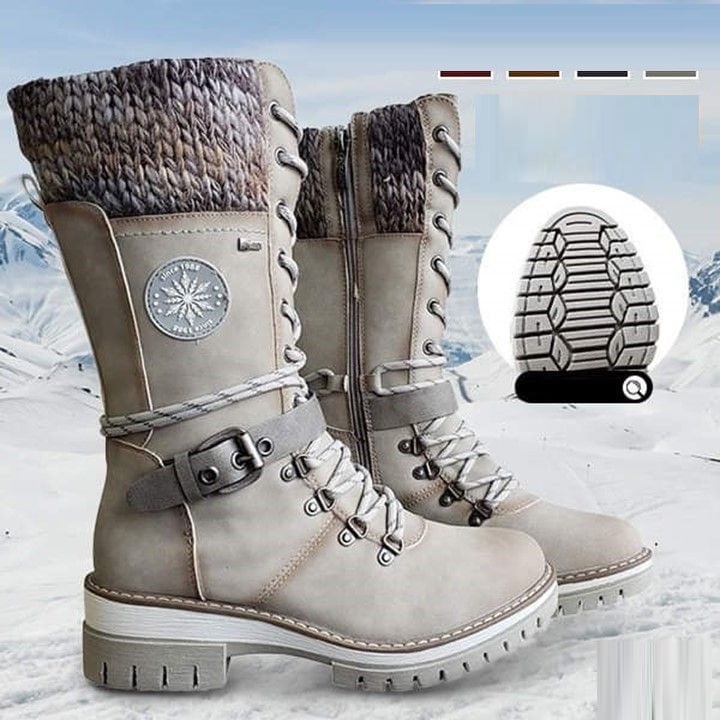 Reagan | Women Calf Height Winter Boots With Smooth Inner Lining Knitted Trim Lacing And Buckle Details