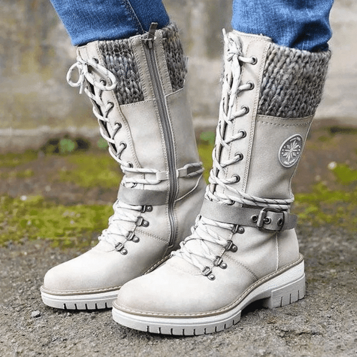 Reagan | Women Calf Height Winter Boots With Smooth Inner Lining Knitted Trim Lacing And Buckle Details
