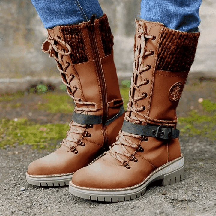 Reagan | Women Calf Height Winter Boots With Smooth Inner Lining Knitted Trim Lacing And Buckle Details