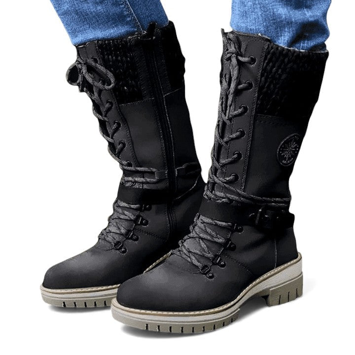 Reagan | Women Calf Height Winter Boots With Smooth Inner Lining Knitted Trim Lacing And Buckle Details