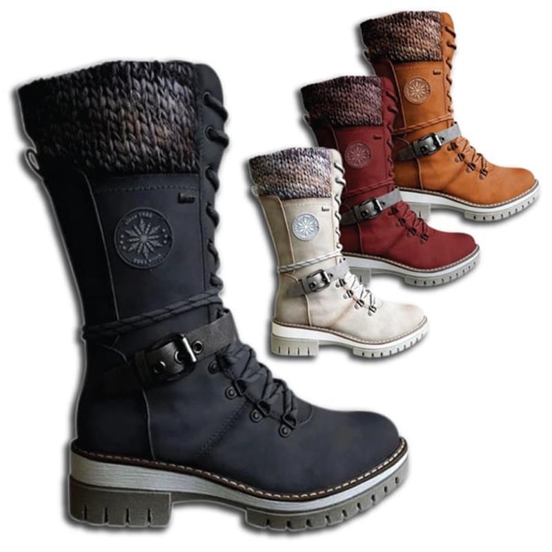 Reagan | Women Calf Height Winter Boots With Smooth Inner Lining Knitted Trim Lacing And Buckle Details