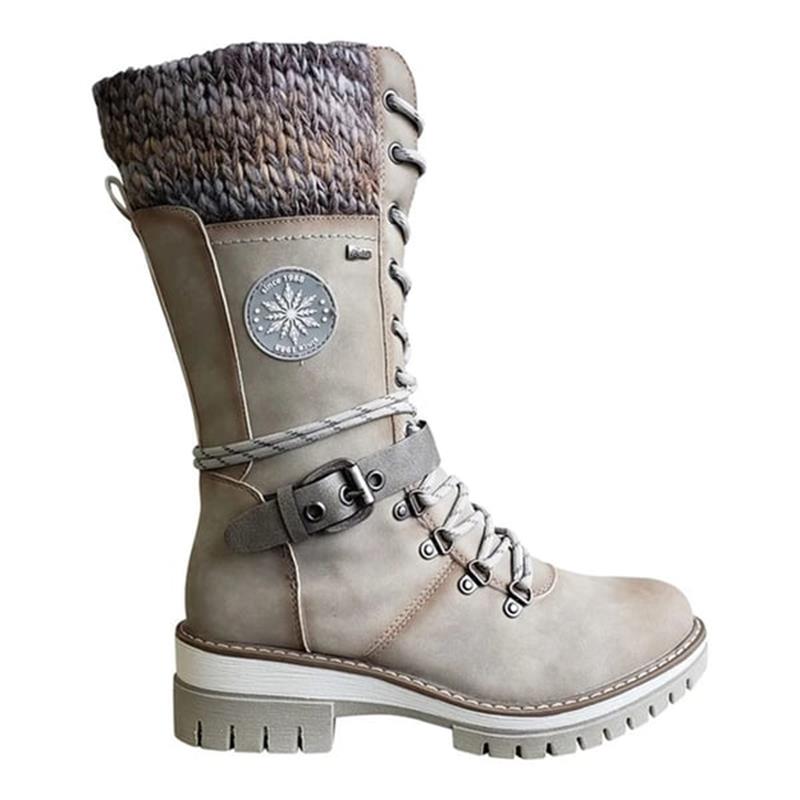 Reagan | Women Calf Height Winter Boots With Smooth Inner Lining Knitted Trim Lacing And Buckle Details