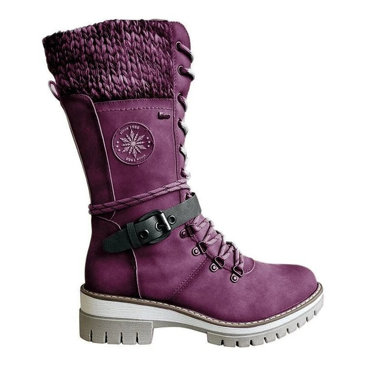 Reagan | Women Calf Height Winter Boots With Smooth Inner Lining Knitted Trim Lacing And Buckle Details