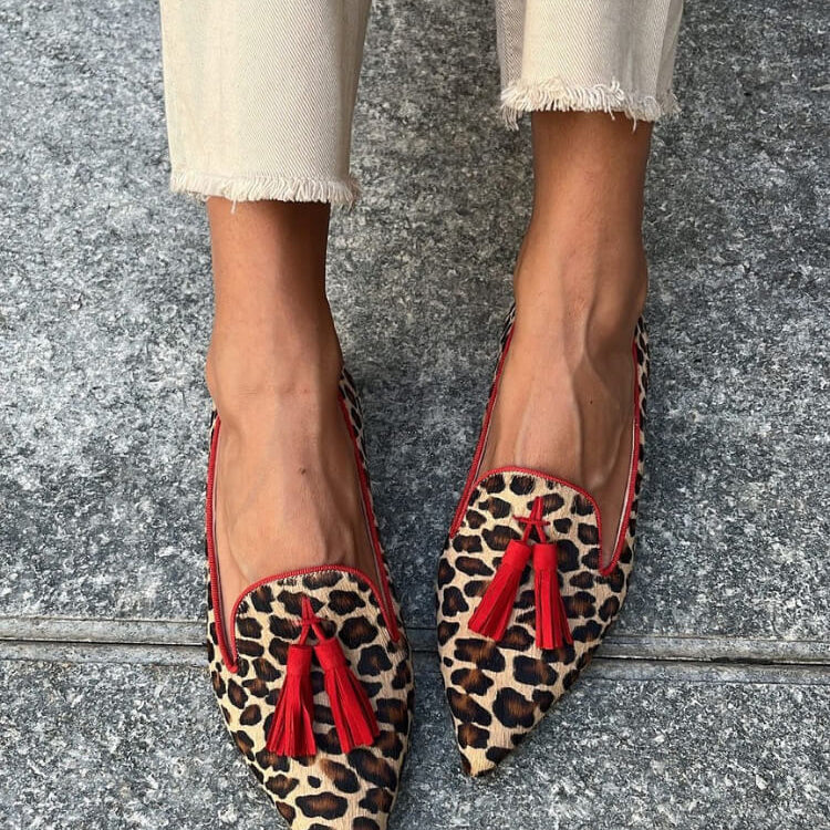 Rosamund | Women Animal Print Pointed Loafers With Red Tassels For Office Days Or Weekend Outings