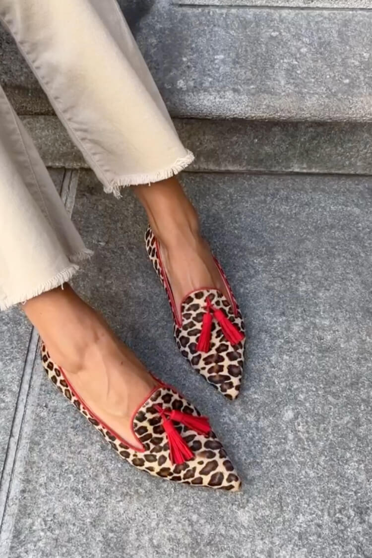 Rosamund | Women Animal Print Pointed Loafers With Red Tassels For Office Days Or Weekend Outings