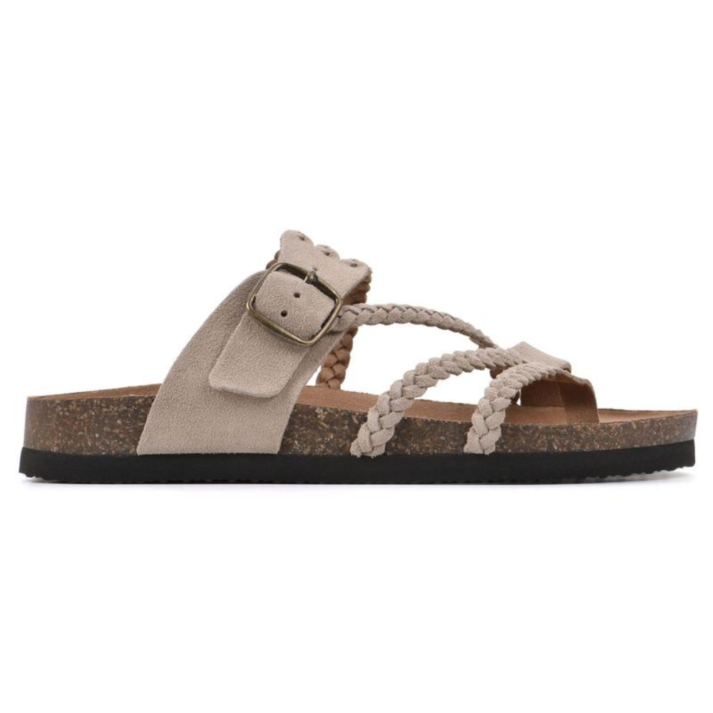 Hayleigh | Women Braided Suede Cork Sandals With Adjustable Metal Buckle Toe Loop And Slip Resistant Rubber Sole