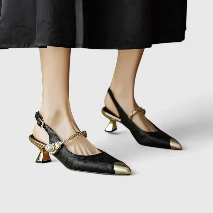 Seraphyane | Women Floral Jacquard Kitten Heels With Pearl Strap And Polished Metal Accents For Wedding Guest