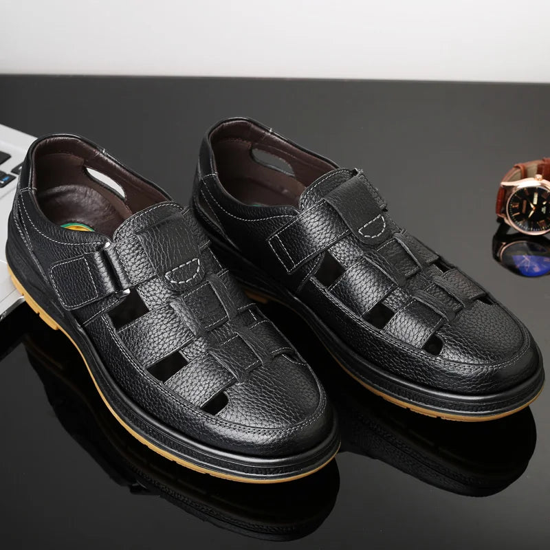 Caldwell | Men Leather Sandals With Cutout Design Adjustable Strap And Cushioned Sole For Summer