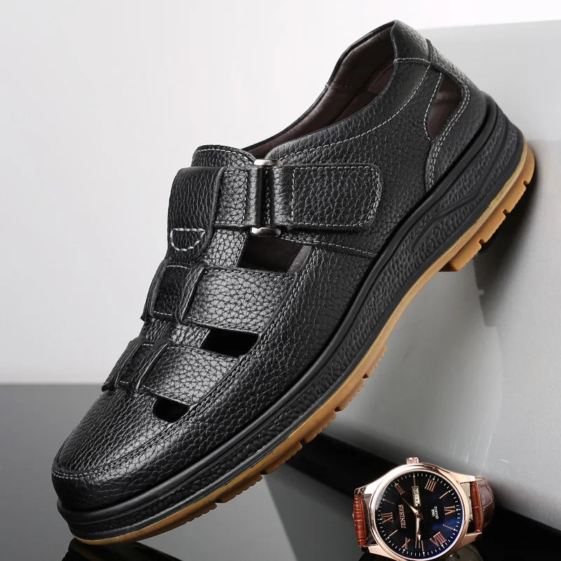 Caldwell | Men Leather Sandals With Cutout Design Adjustable Strap And Cushioned Sole For Summer
