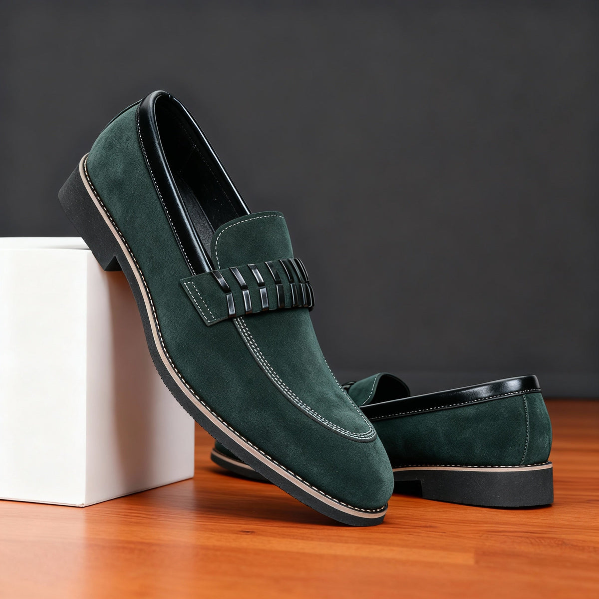 Moreno | Men Italian Loafers With Padded Collar Stitched Strap Detail Layered Heel Block And Grip Sole For Tailoring