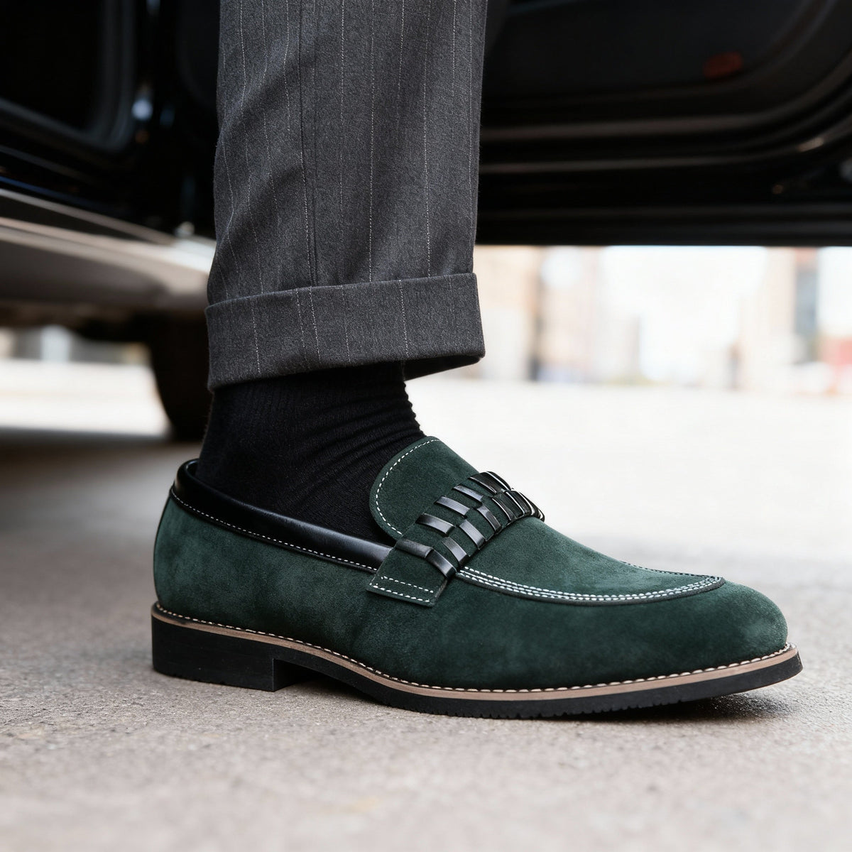 Moreno | Men Italian Loafers With Padded Collar Stitched Strap Detail Layered Heel Block And Grip Sole For Tailoring