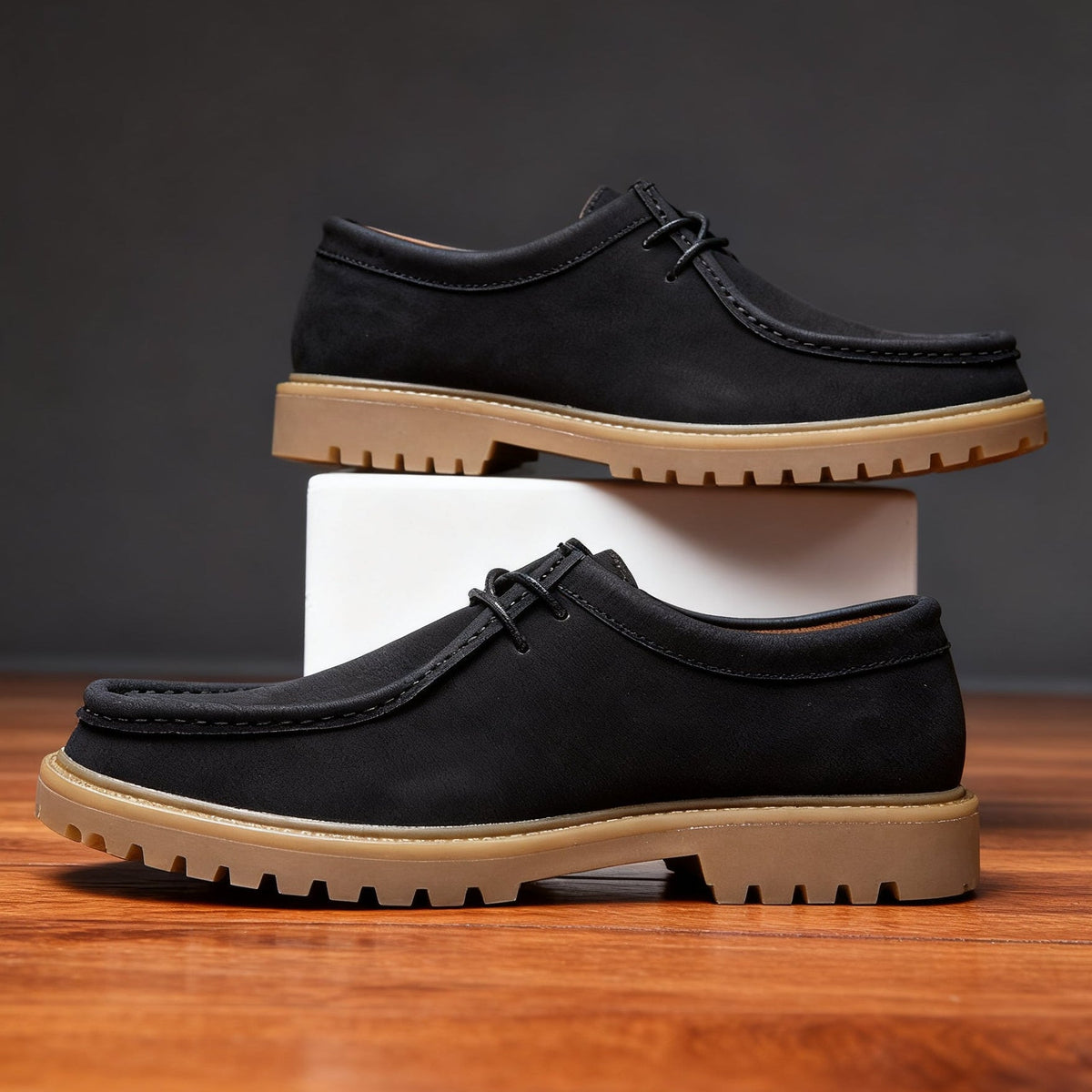 Mason | Men Leather Lace Up Moc Toe Shoes With Padded Interior Apron Stitching And Deep Tread Sole For Daily Wear