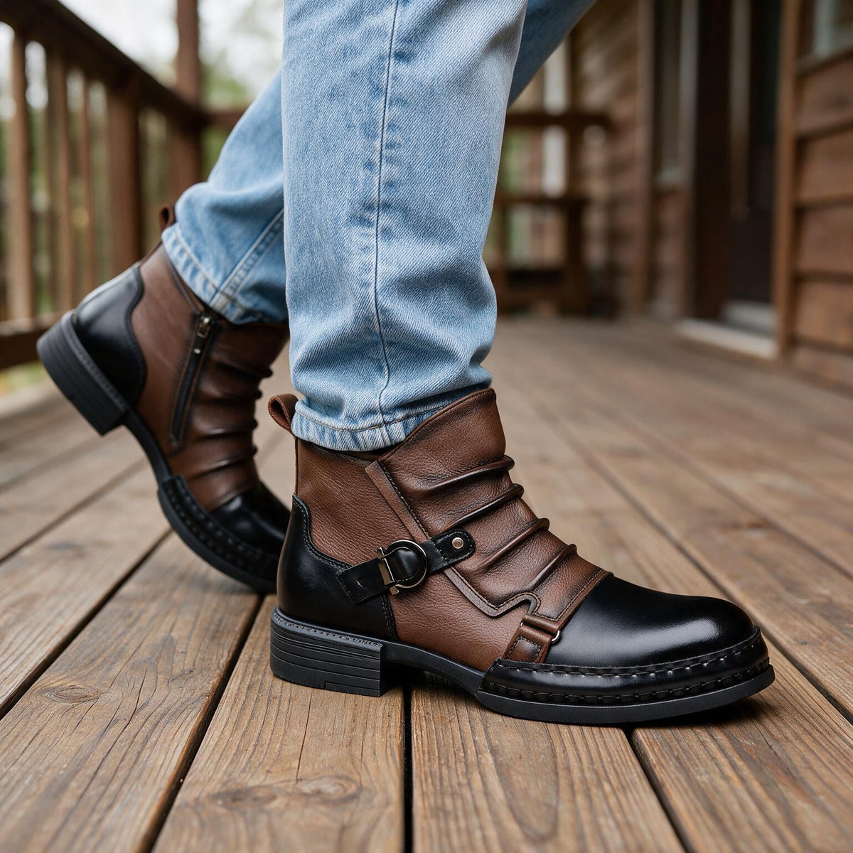 Andrew | Men Buckle Boots With Sturdy Welt Shock Absorbing Sole Cushioned Footbed And Hand Stitched Detailing