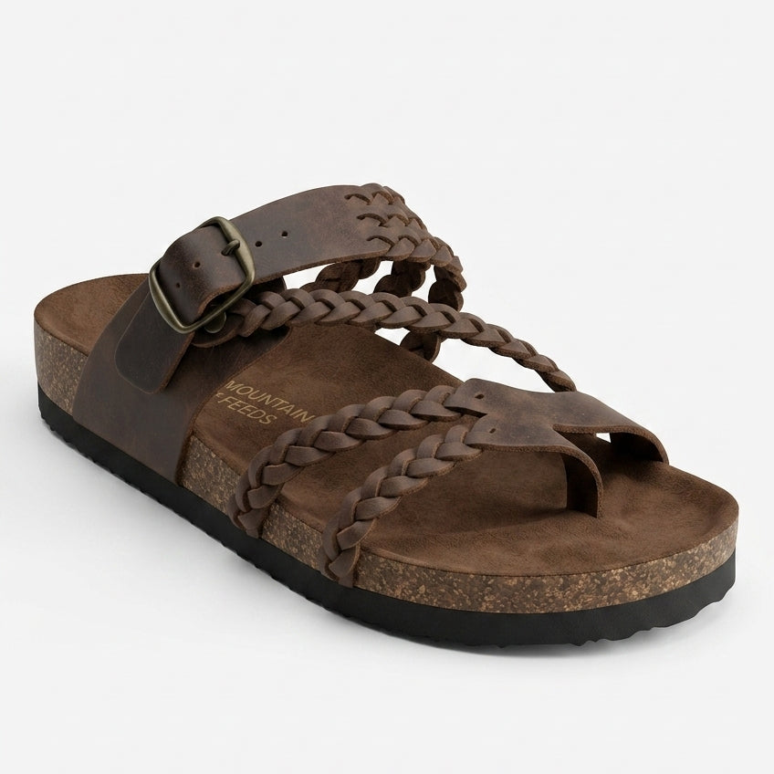 Hayleigh | Women Braided Suede Cork Sandals With Adjustable Metal Buckle Toe Loop And Slip Resistant Rubber Sole