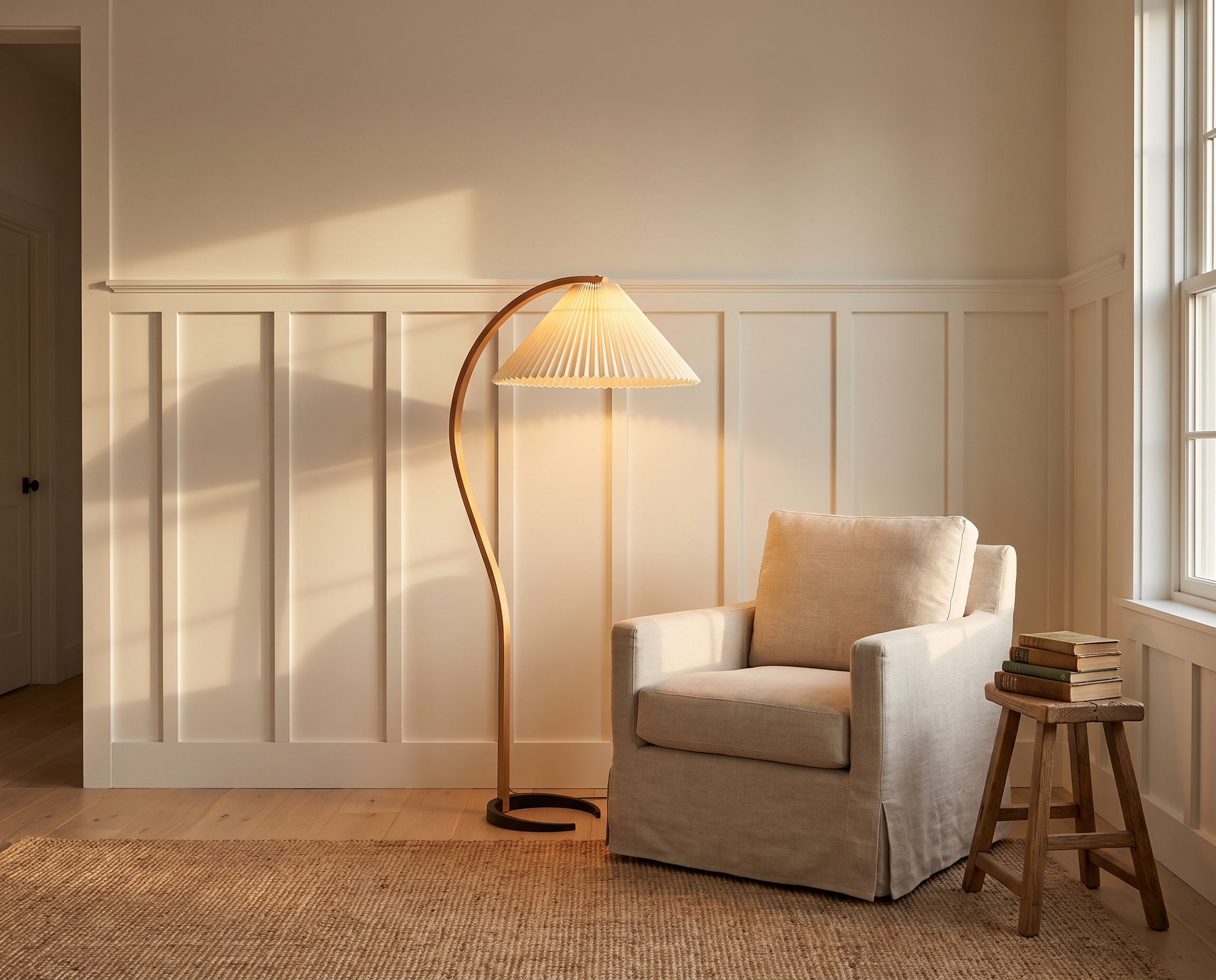 Bentwood floor lamp beside a linen armchair