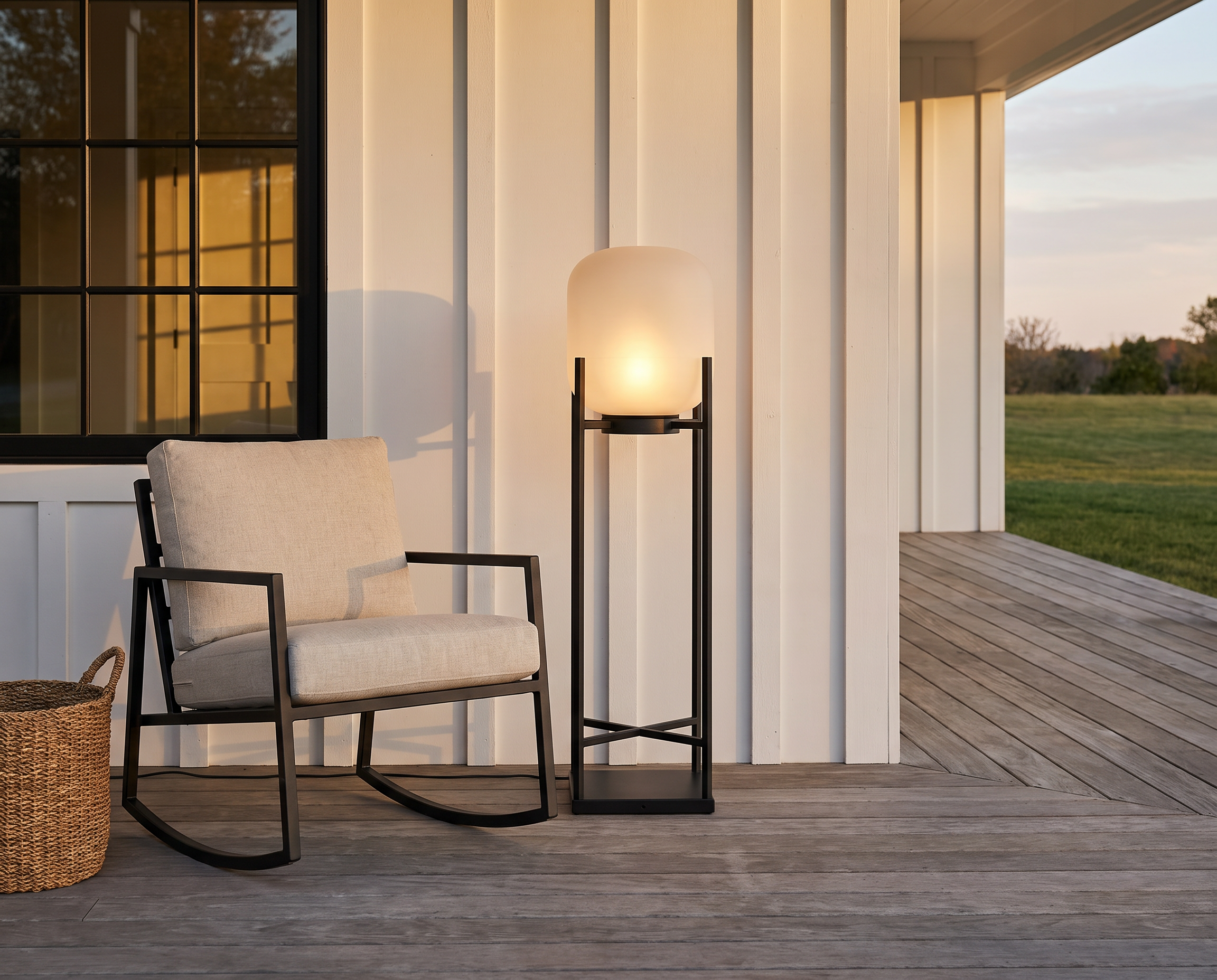 Outdoor lantern floor lamp on a farmhouse porch