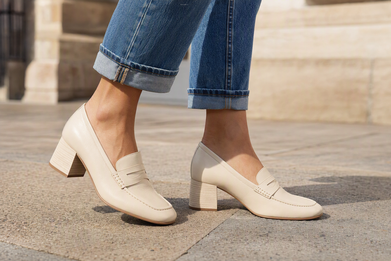 Woman walking in cream leather heeled loafers and cuffed jeans