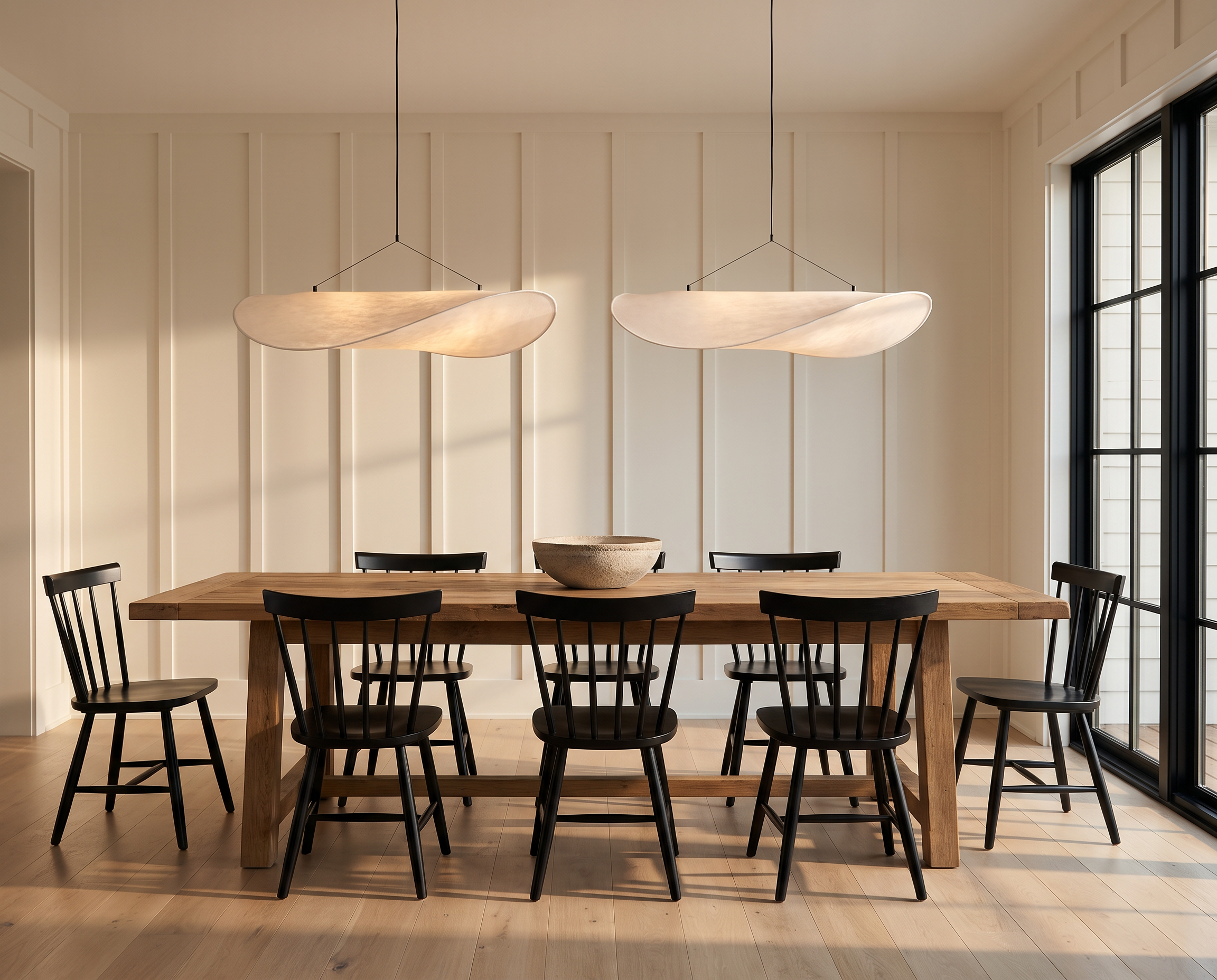 Silk pendant lights over a farmhouse dining table