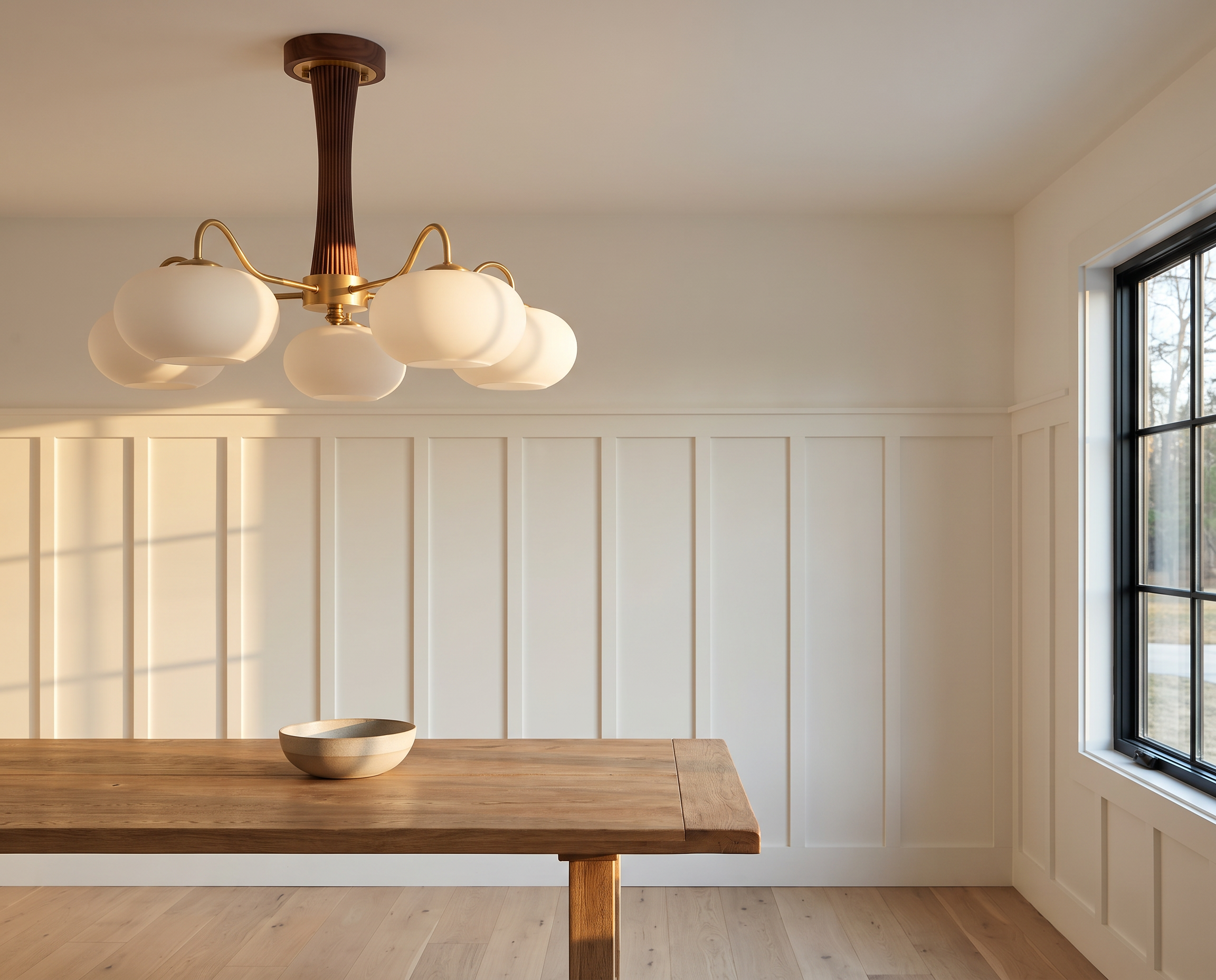 Aged brass chandelier in a farmhouse room