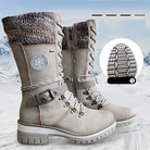 Reagan | Women Calf Height Winter Boots With Smooth Inner Lining Knitted Trim Lacing And Buckle Details