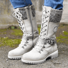 Reagan | Women Calf Height Winter Boots With Smooth Inner Lining Knitted Trim Lacing And Buckle Details