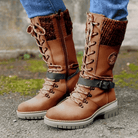 Reagan | Women Calf Height Winter Boots With Smooth Inner Lining Knitted Trim Lacing And Buckle Details