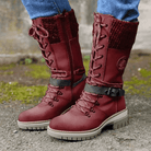Reagan | Women Calf Height Winter Boots With Smooth Inner Lining Knitted Trim Lacing And Buckle Details