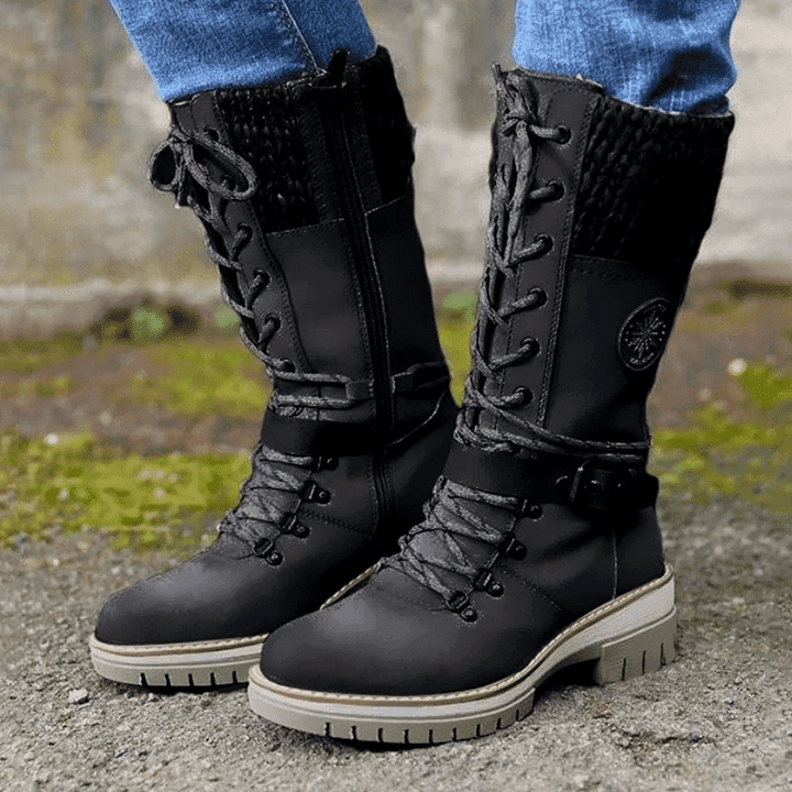 Reagan | Women Calf Height Winter Boots With Smooth Inner Lining Knitted Trim Lacing And Buckle Details