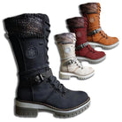 Reagan | Women Calf Height Winter Boots With Smooth Inner Lining Knitted Trim Lacing And Buckle Details