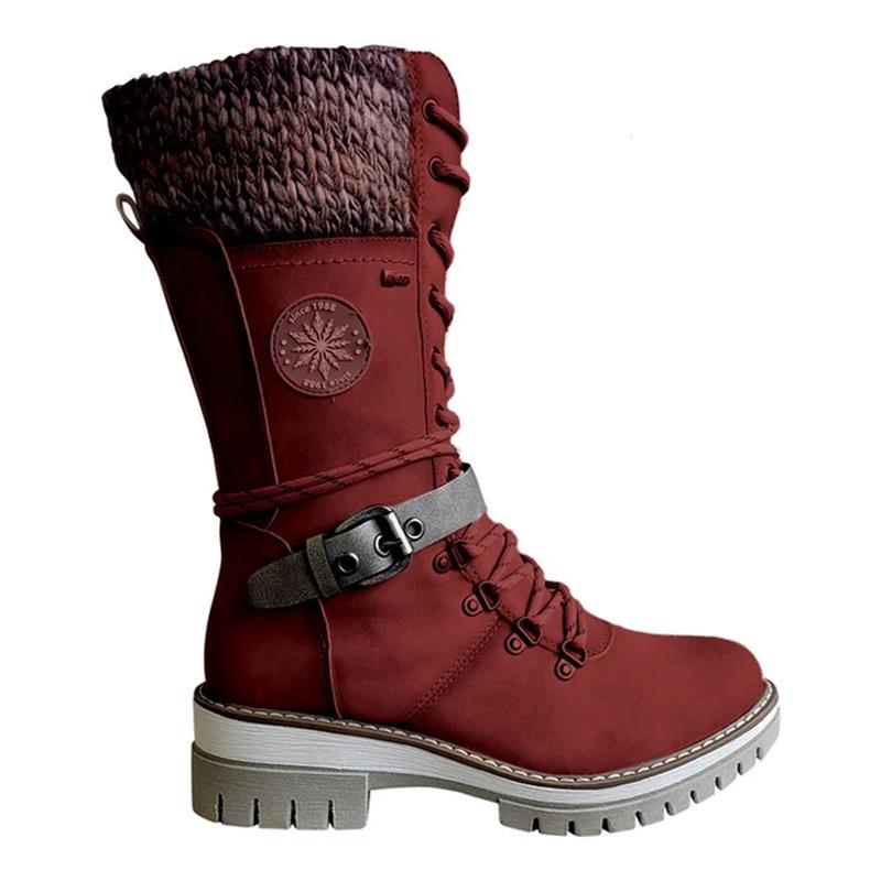 Reagan | Women Calf Height Winter Boots With Smooth Inner Lining Knitted Trim Lacing And Buckle Details