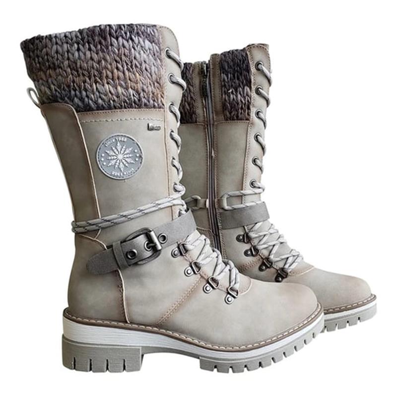 Reagan | Women Calf Height Winter Boots With Smooth Inner Lining Knitted Trim Lacing And Buckle Details