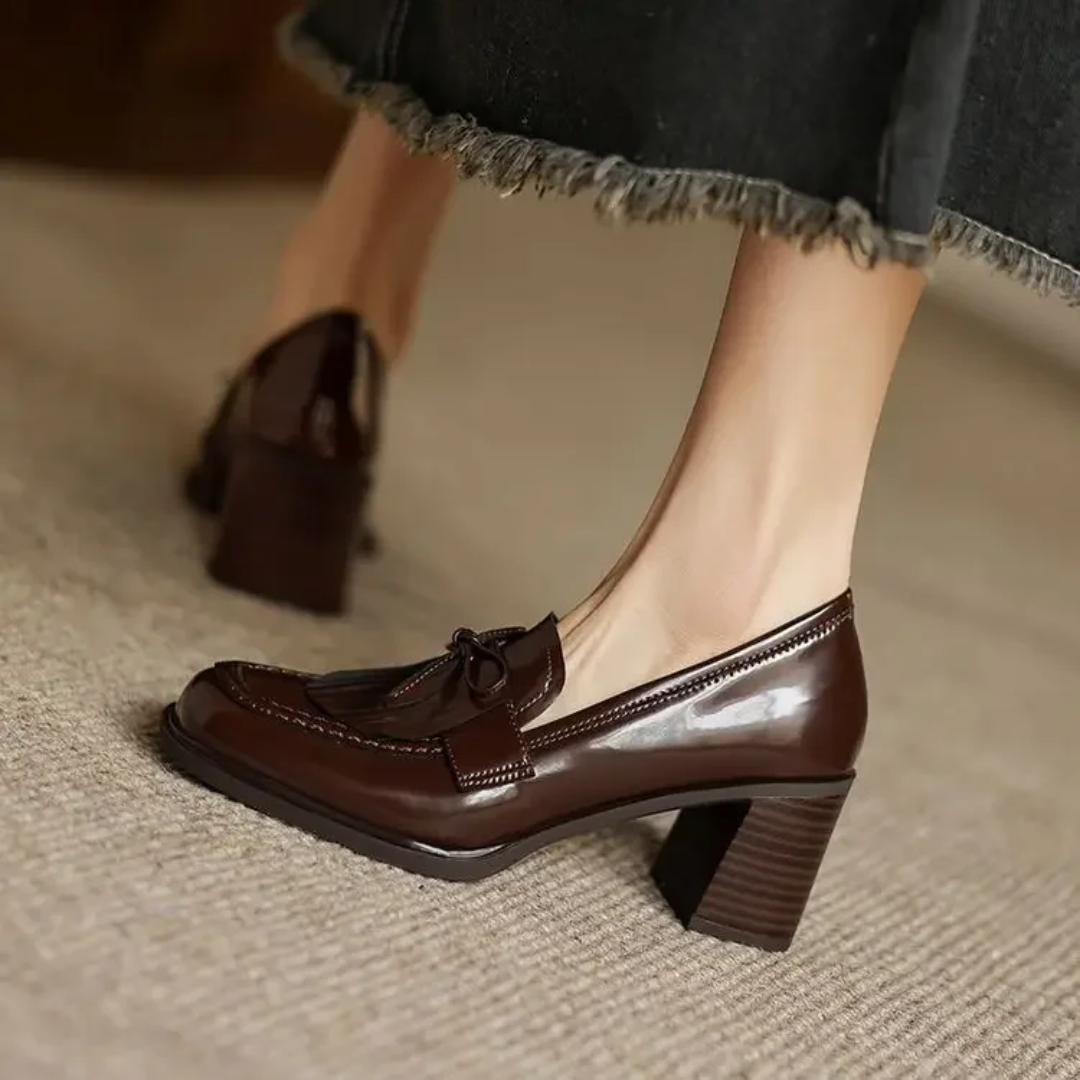Dorothy | Women Leather Loafer Pumps With Tassel Accent Block Heel Rubber Sole And Rounded Toe For Work
