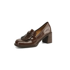 Dorothy | Women Leather Loafer Pumps With Tassel Accent Block Heel Rubber Sole And Rounded Toe For Work