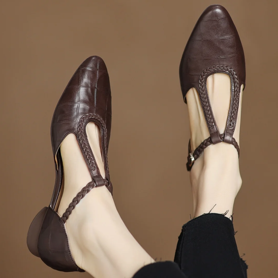 Beatrix | Women Leather Mary Janes With T Strap Metal Buckle Rounded Toe And Flat Heel For Everyday Wear