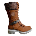 Reagan | Women Calf Height Winter Boots With Smooth Inner Lining Knitted Trim Lacing And Buckle Details