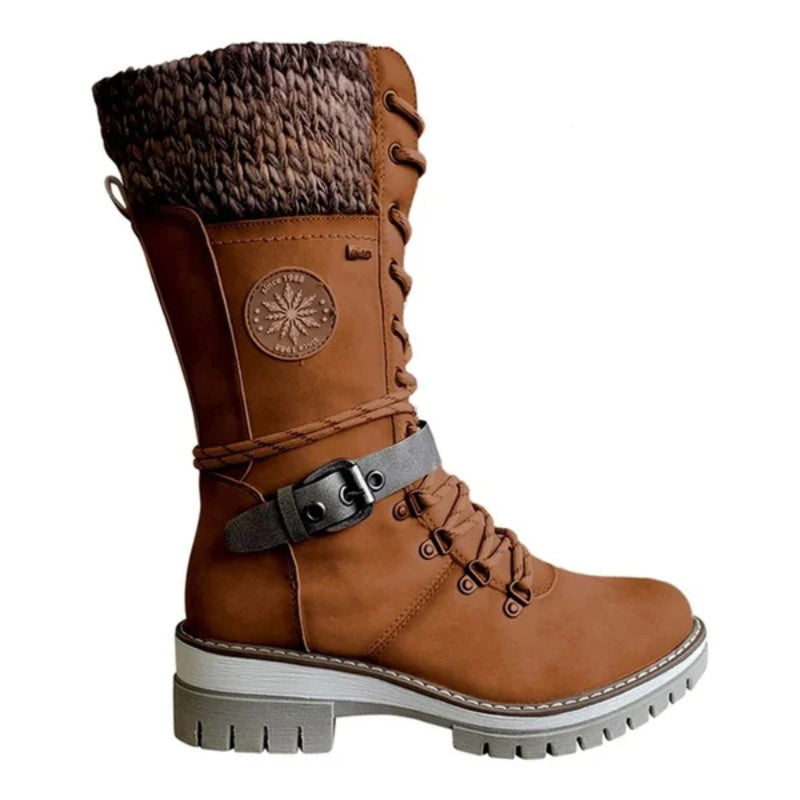 Reagan | Women Calf Height Winter Boots With Smooth Inner Lining Knitted Trim Lacing And Buckle Details