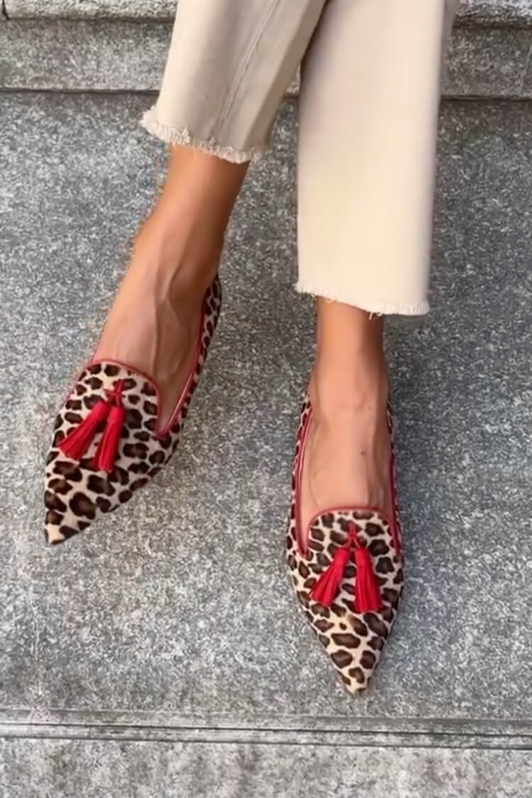 Rosamund | Women Animal Print Pointed Loafers With Red Tassels For Office Days Or Weekend Outings