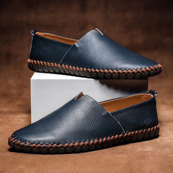 Massimo | Men Pebbled Leather Slip On Loafers With Hand Stitched Sole Detailing And Cushioned Rubber Outsole