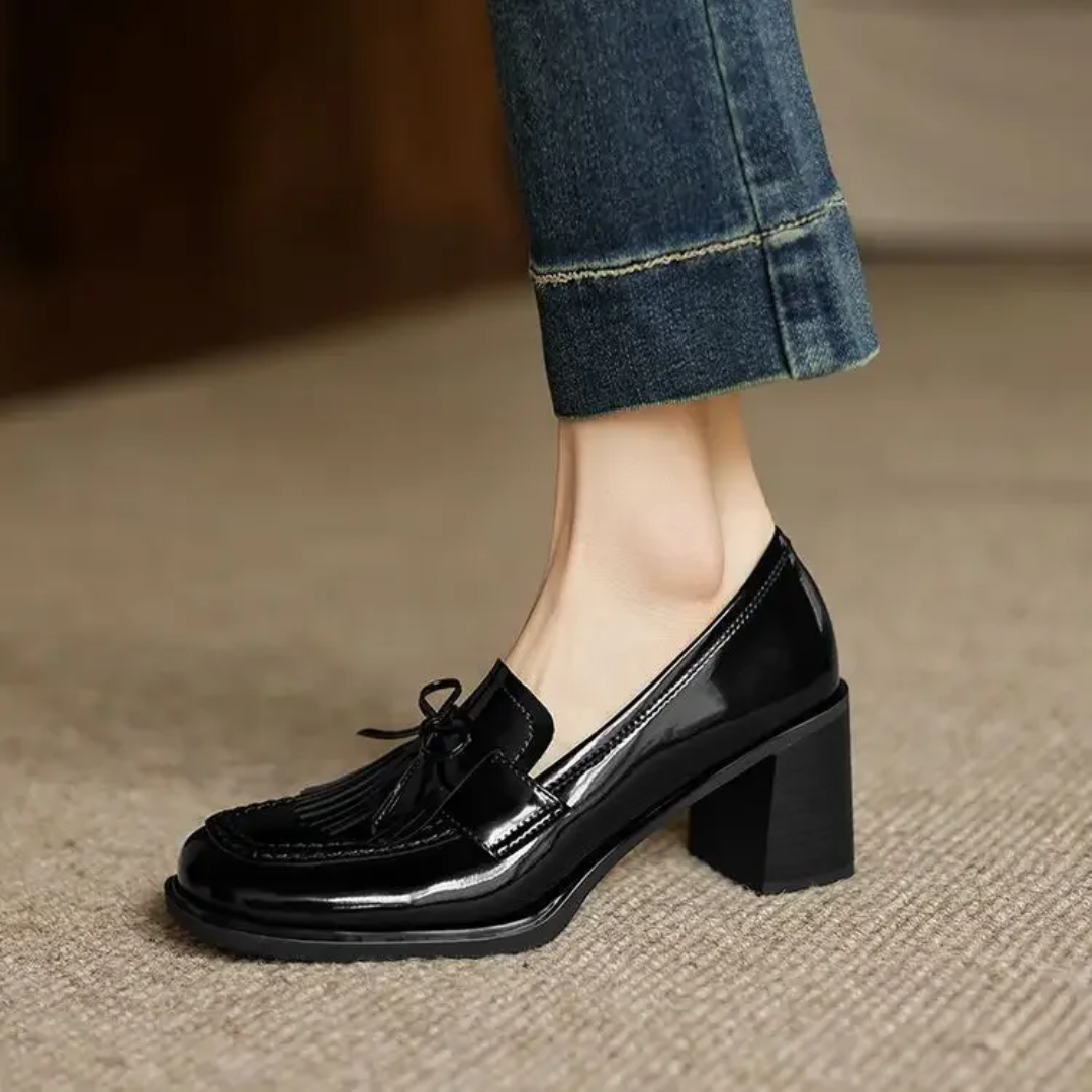 Dorothy | Women Leather Loafer Pumps With Tassel Accent Block Heel Rubber Sole And Rounded Toe For Work