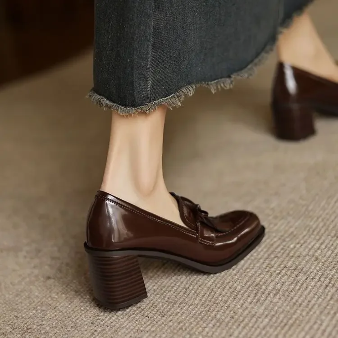 Dorothy | Women Leather Loafer Pumps With Tassel Accent Block Heel Rubber Sole And Rounded Toe For Work