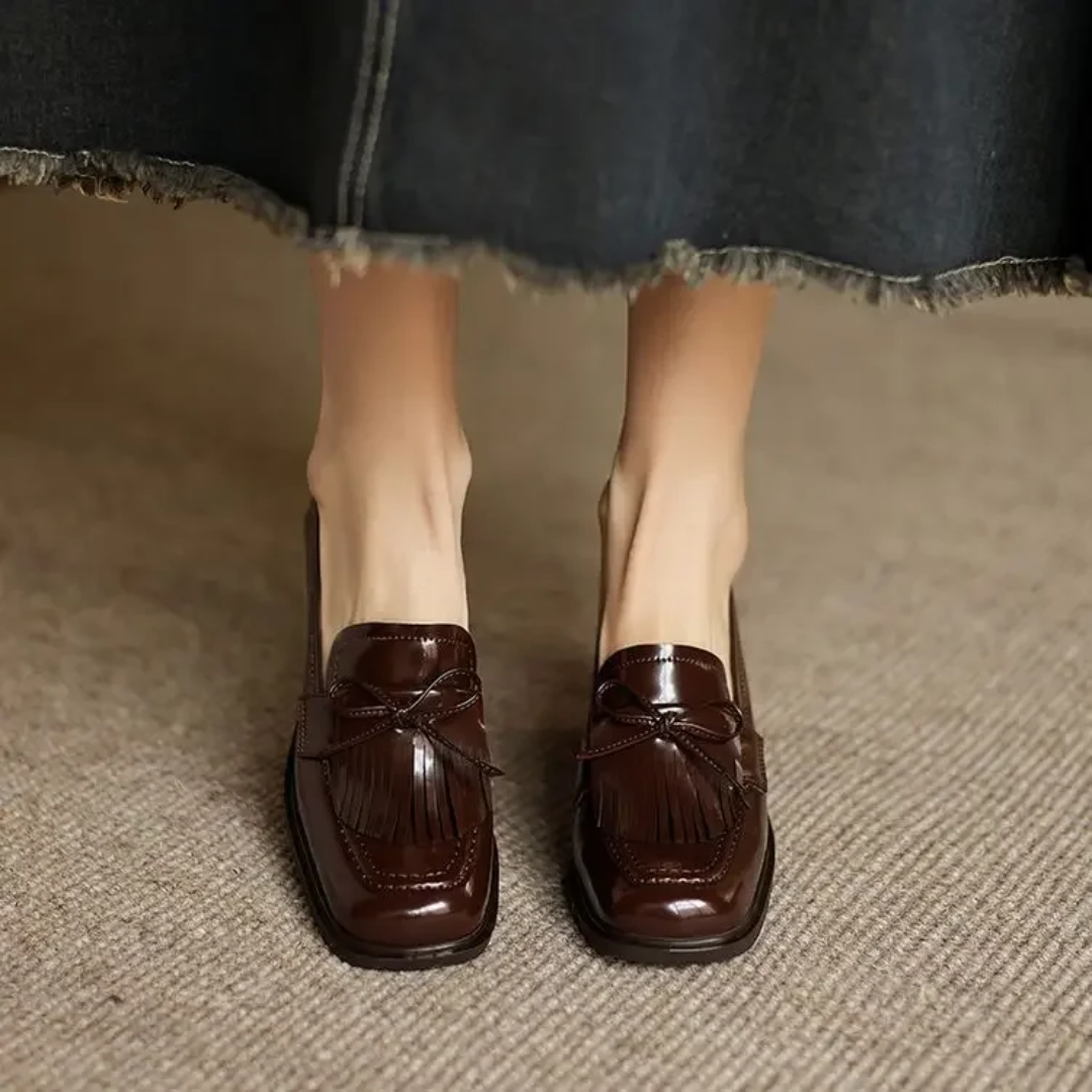 Dorothy | Women Leather Loafer Pumps With Tassel Accent Block Heel Rubber Sole And Rounded Toe For Work