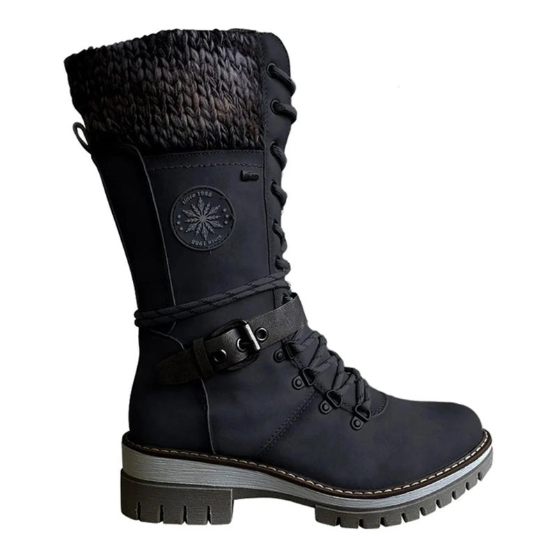 Reagan | Women Calf Height Winter Boots With Smooth Inner Lining Knitted Trim Lacing And Buckle Details