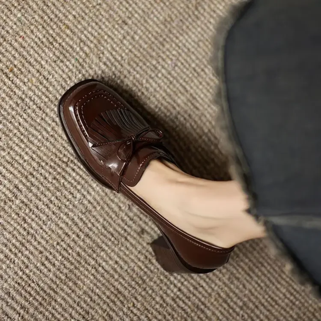 Dorothy | Women Leather Loafer Pumps With Tassel Accent Block Heel Rubber Sole And Rounded Toe For Work