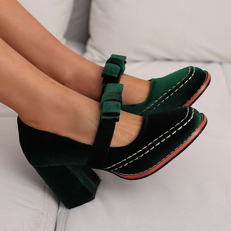 Alessia | Women Velvet Block Heel Loafers With Bow Detail