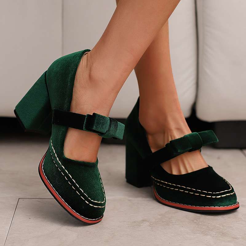 Alessia | Women Velvet Block Heel Loafers With Bow Detail