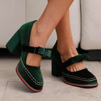 Alessia | Women Velvet Block Heel Loafers With Bow Detail
