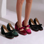 Alessia | Women Velvet Block Heel Loafers With Bow Detail