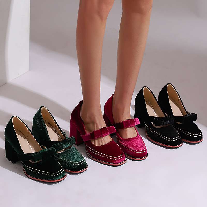 Alessia | Women Velvet Block Heel Loafers With Bow Detail