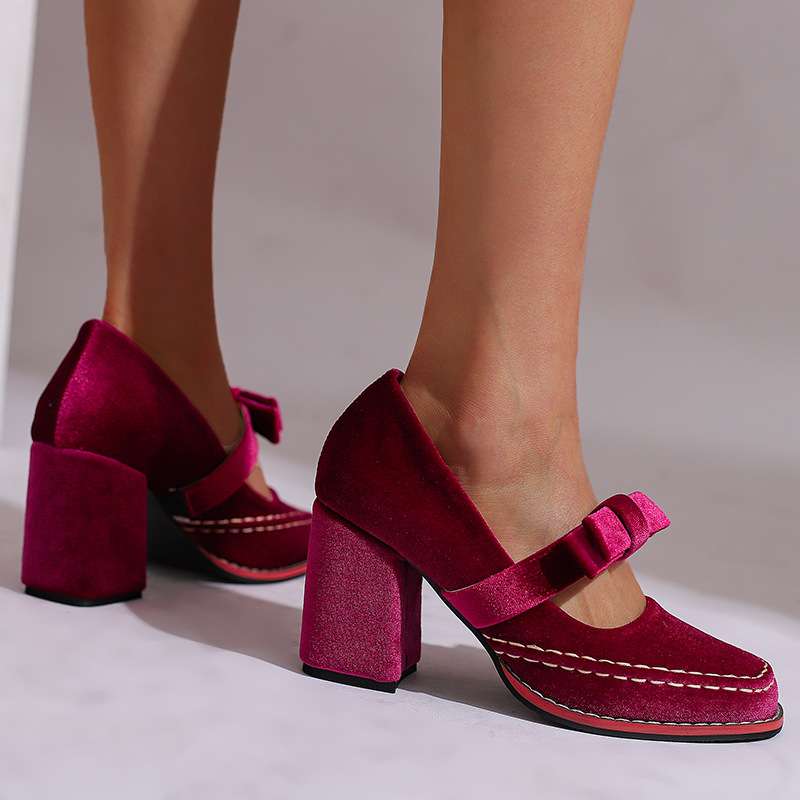 Alessia | Women Velvet Block Heel Loafers With Bow Detail