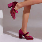 Alessia | Women Velvet Block Heel Loafers With Bow Detail
